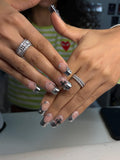 Handmade French chrome silver press-on nail, silver jewelry and beads/ Faux ongles "press-on" French chrome argenté faits main, avec bijoux et perles argentés.