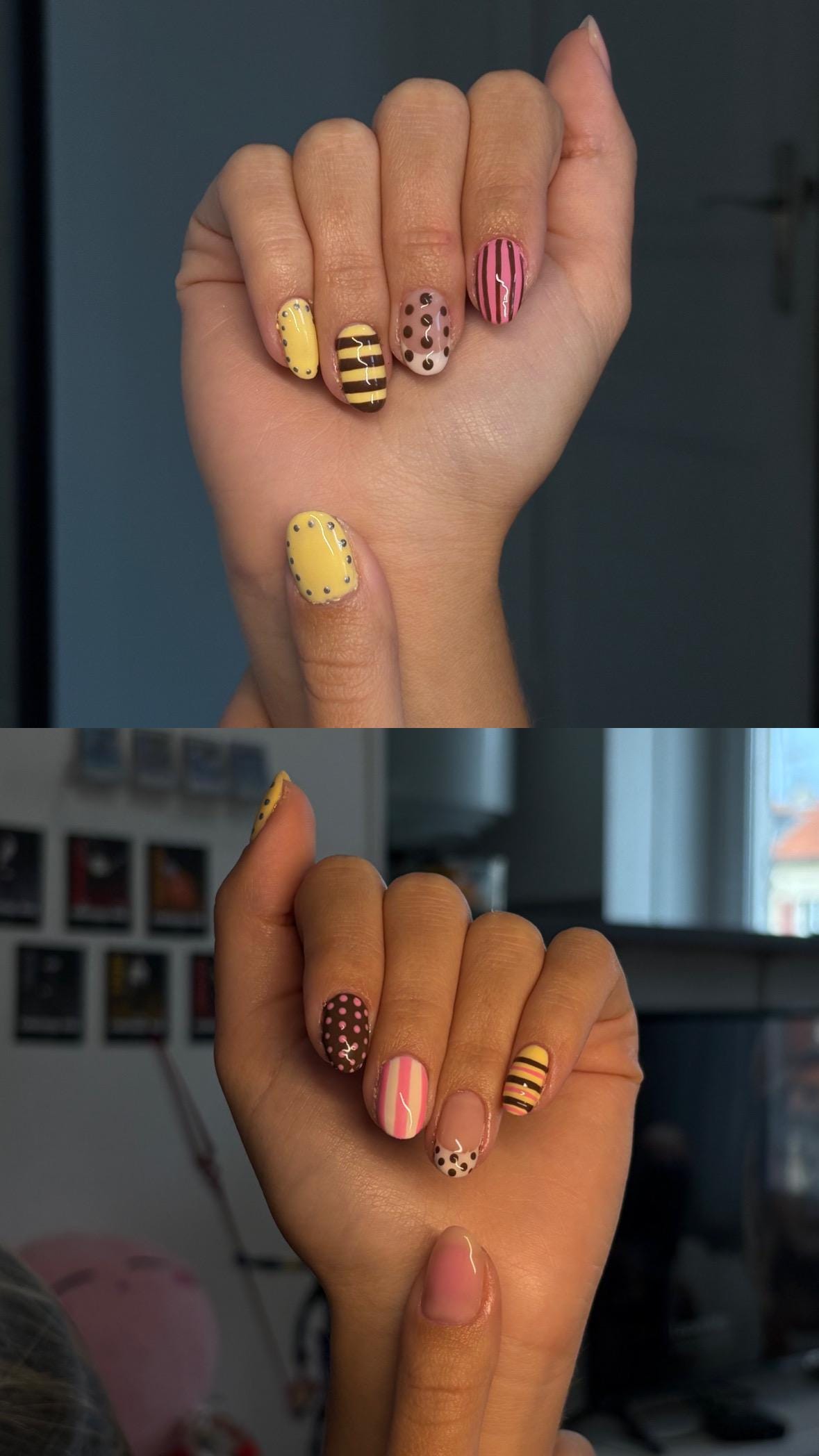 Press on nail with polka dot and stripe motifs in pink, yellow, brown and white